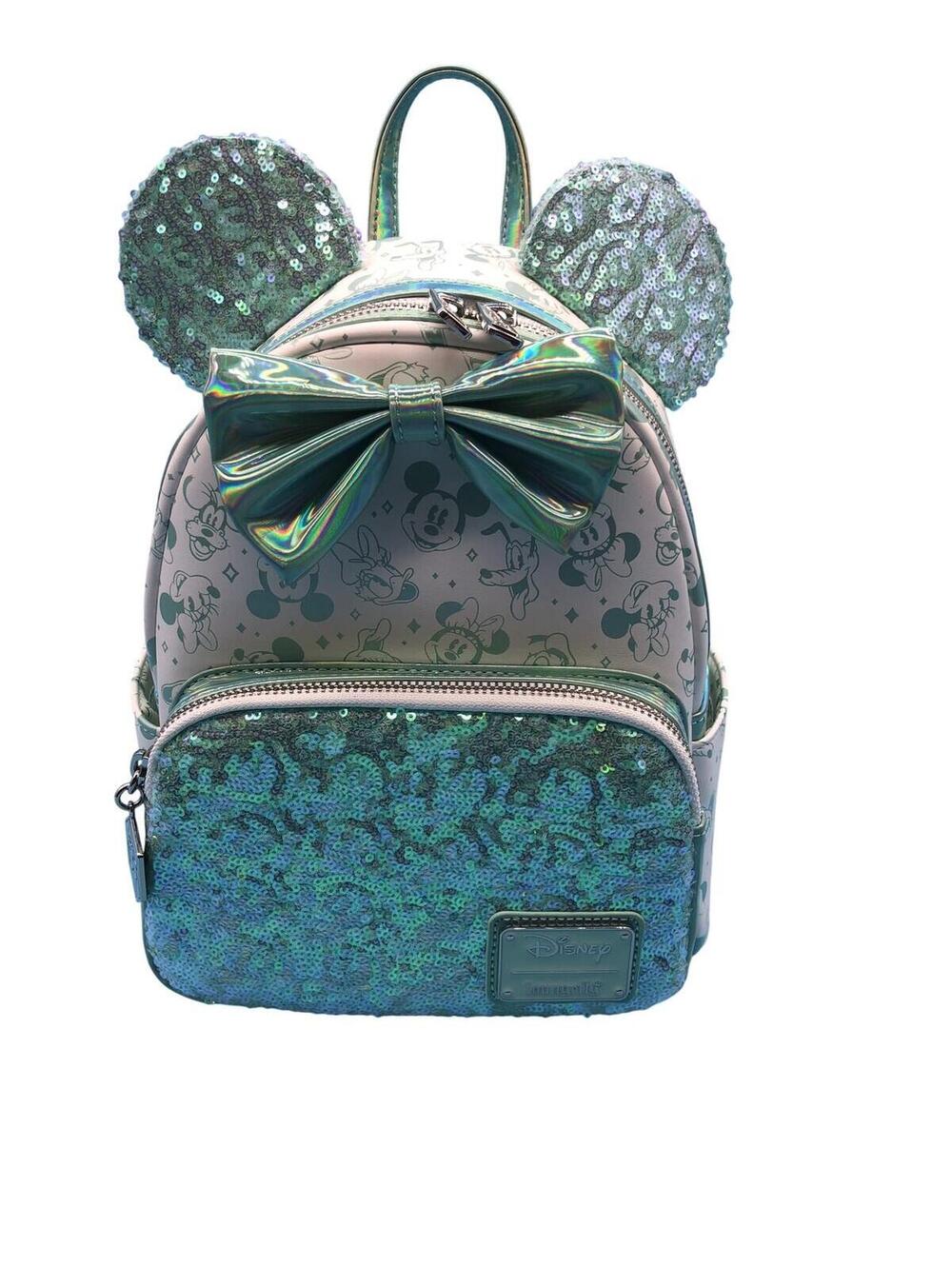 Loungefly Disney 100 Mini Backpack Womens Green Sequin Mickey Minnie Ears Bow